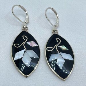 Vintage Mexico Black Enamel Mother of Pearl Inlay Earrings Silver Geometric